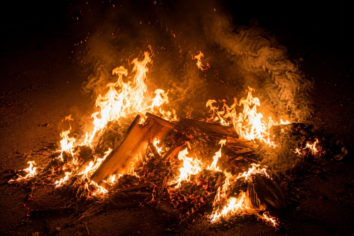 A bonfire burning down to glowing embers after a carnival effigy is consumed by flames