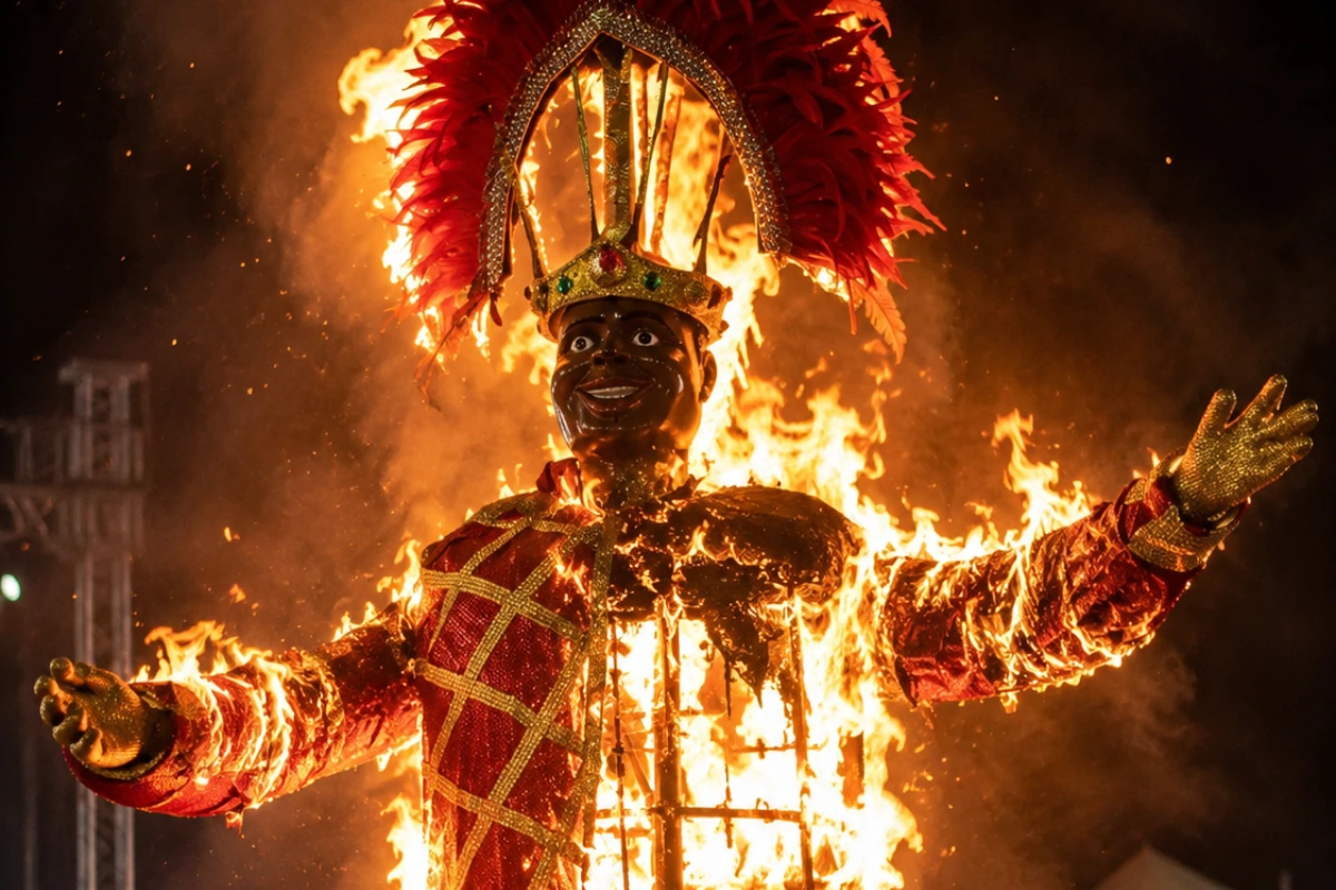 Close-up of a crowned carnival king effigy in a red and gold costume, fully engulfed in flames