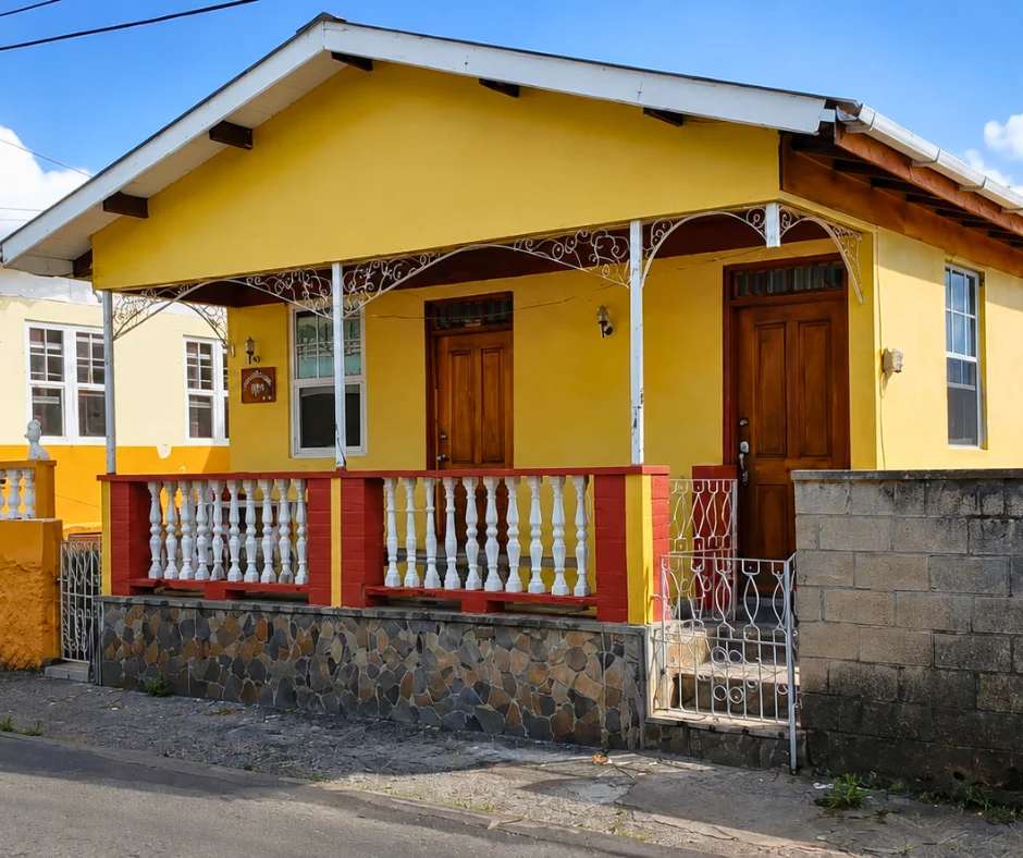 Yellow timber Creole house with a covered veranda in Roseau, typical of the streets around the Dominica Carnival parade route.