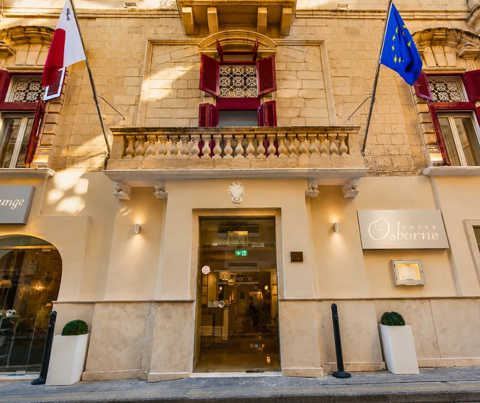 Entrance to the Osborne Hotel on South Street, one of the mid-range hotels for Malta Carnival