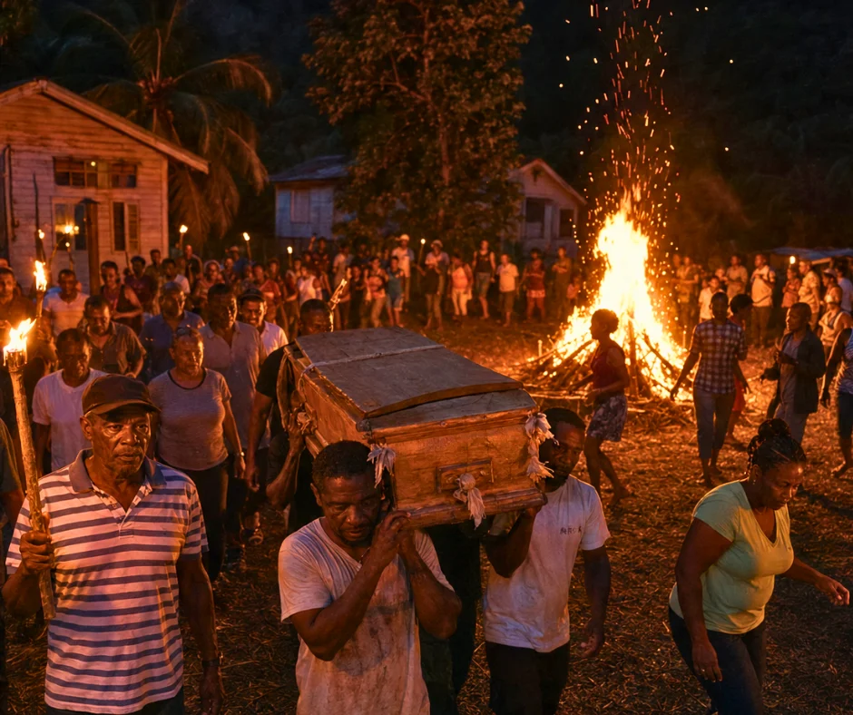 A torch-lit procession carries a coffin toward a bonfire during Dominica's Tewe Vaval ceremony