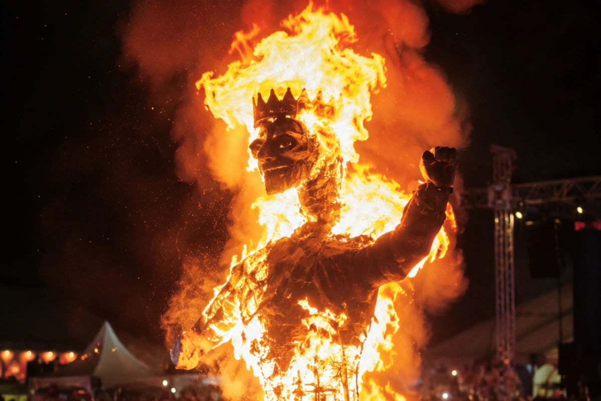 : A crowned carnival effigy with fist raised, burning against the night sky as the crowd looks on