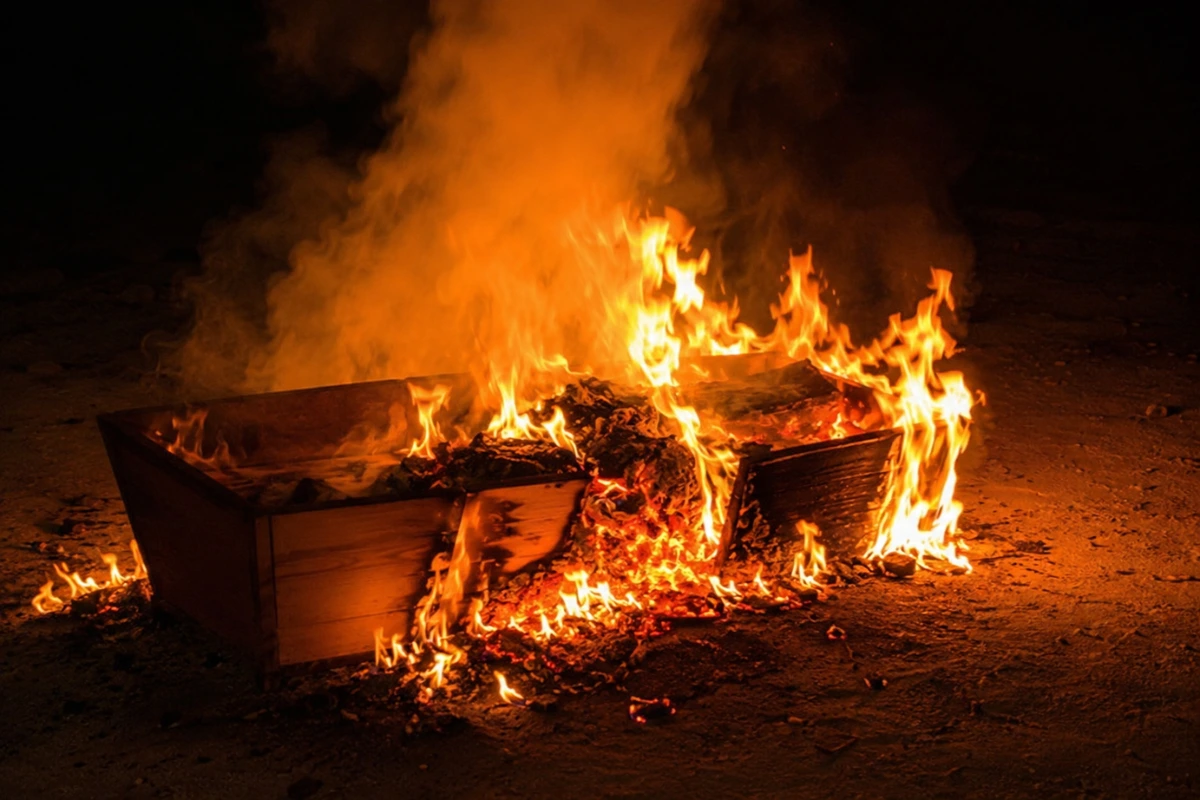 A wooden coffin engulfed in flames on the ground, echoing the mock funerals that close some carnivals