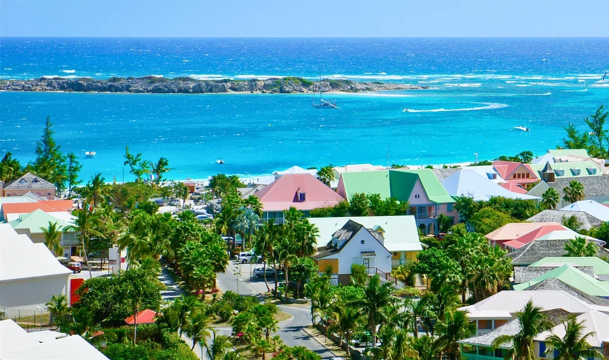 View over Orient Bay in Saint Martin, a popular French-side area to stay for SXM Carnival