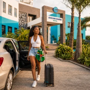 Traveller arriving with a suitcase at the entrance to Ocean Oasis Hotel Dominica featured in where to stay for Dominica Carnival: hotels near Roseau.