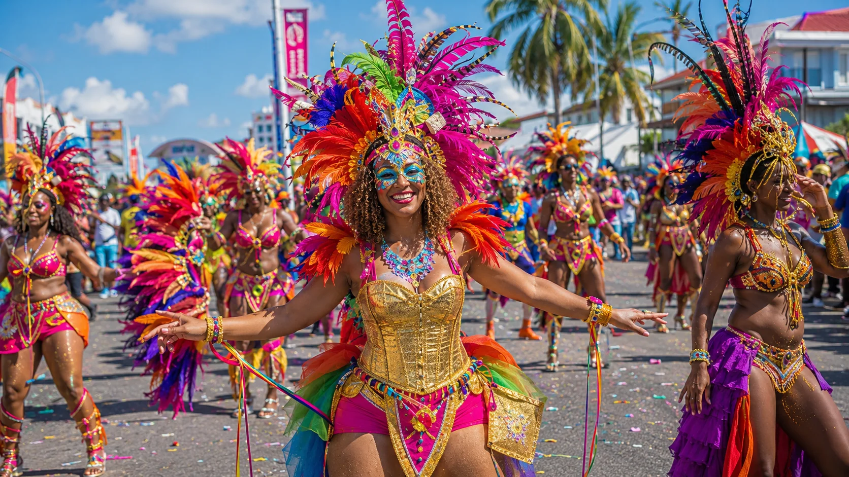 Masqueraders in pink and red feather headpieces and gem-covered costumes on the road in Marigot at Carnaval de St. Martin, part of the Caribbean Carnivals 2027