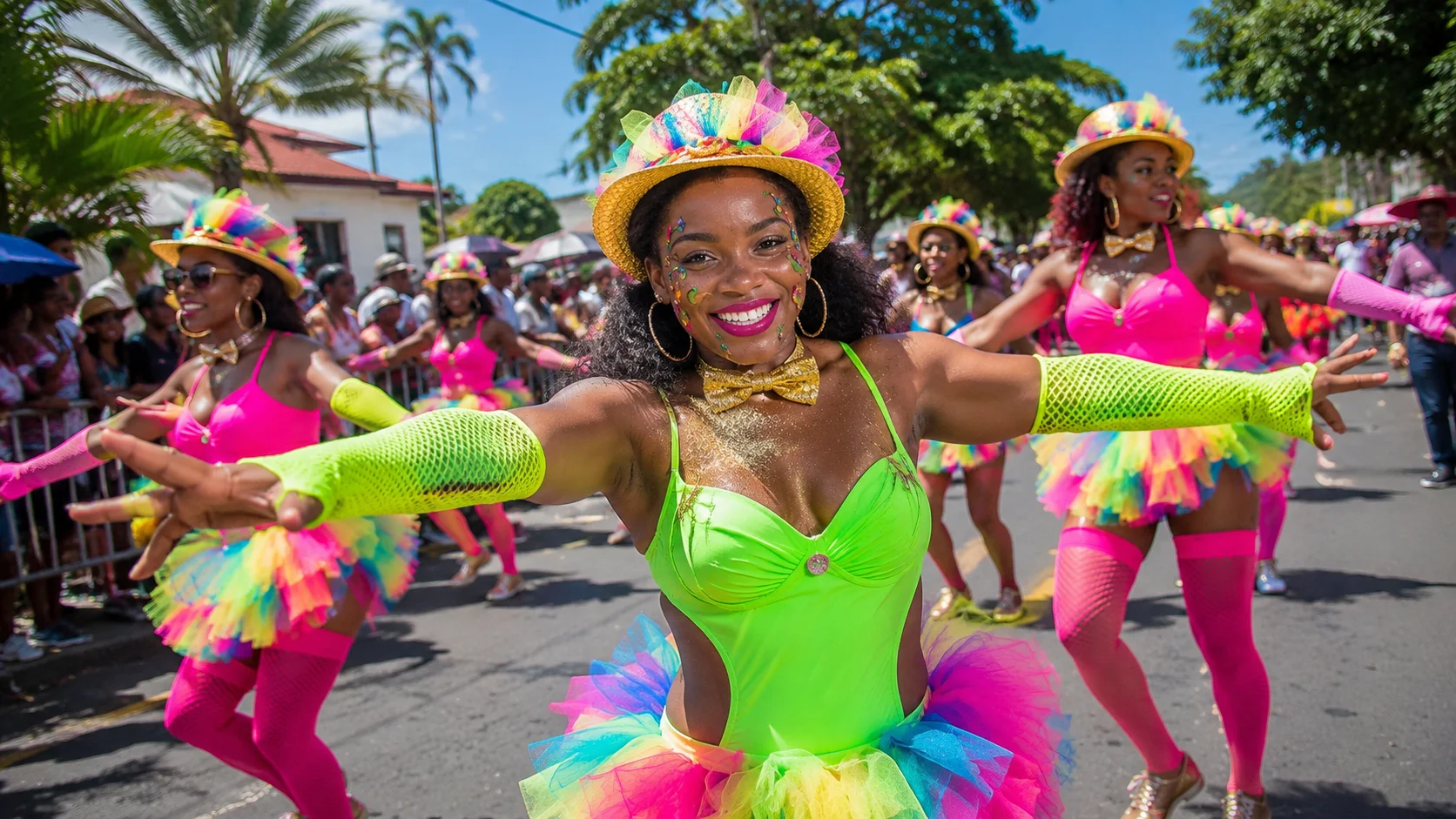Dancers in neon bodysuits, rainbow tutus, and straw hats performing for spectators along the parade route at Guadeloupe Carnival, one of the Caribbean Carnivals 2027