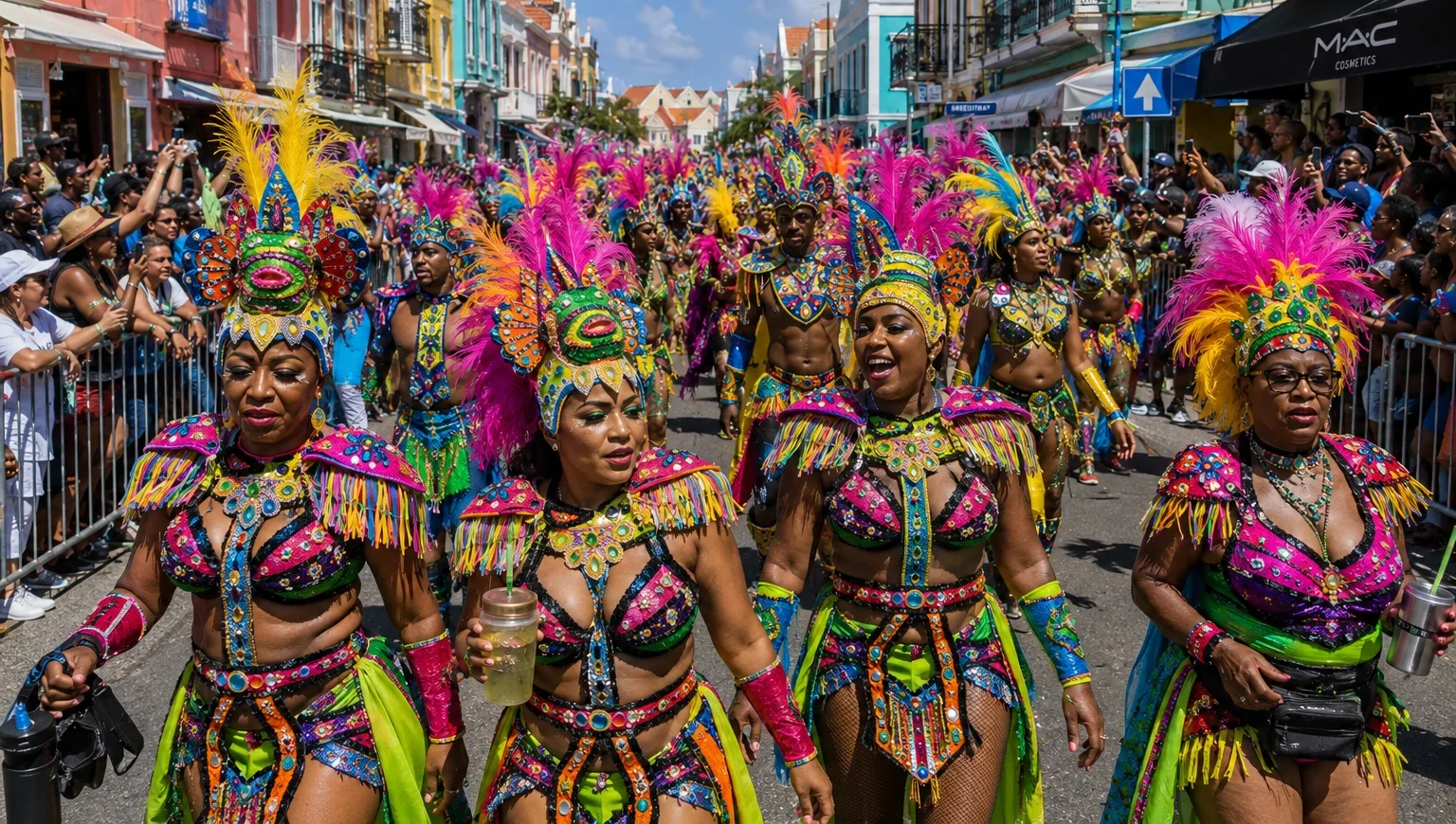 Costumed masqueraders in feathered headdresses parading past pastel buildings in Willemstad during Curaçao Carnival