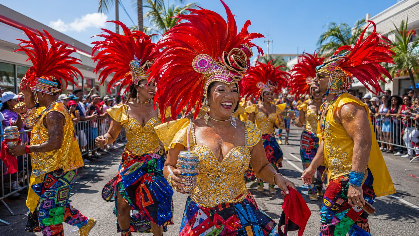 Masqueraders in gold costumes and tall red feather headpieces moving past spectators at Aruba Carnival