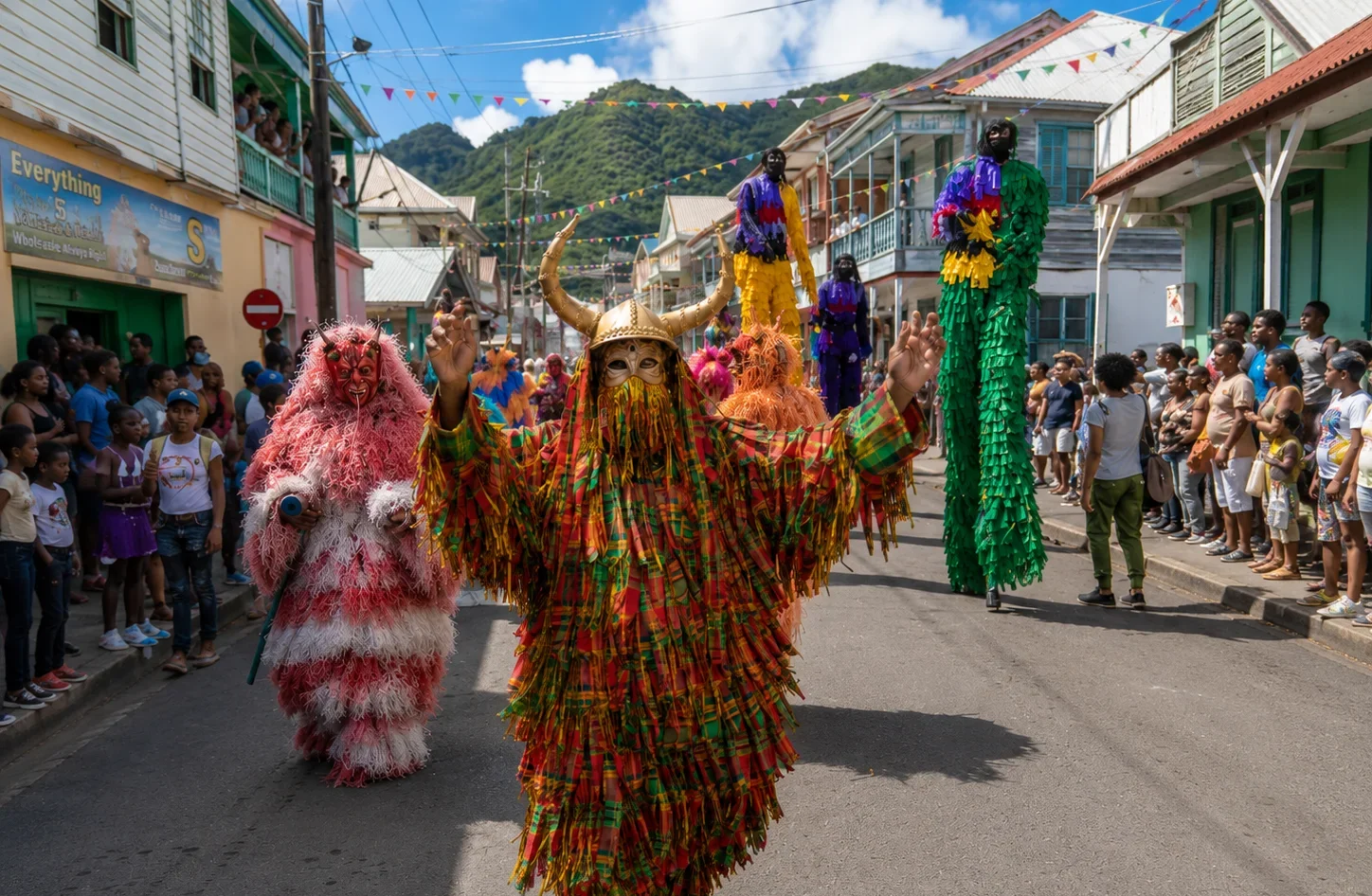 Sensay masquerader in shredded madras and a horned mask leading Bwa Bwa stilt walkers through the streets of Roseau during the Dominica Carnival parade.