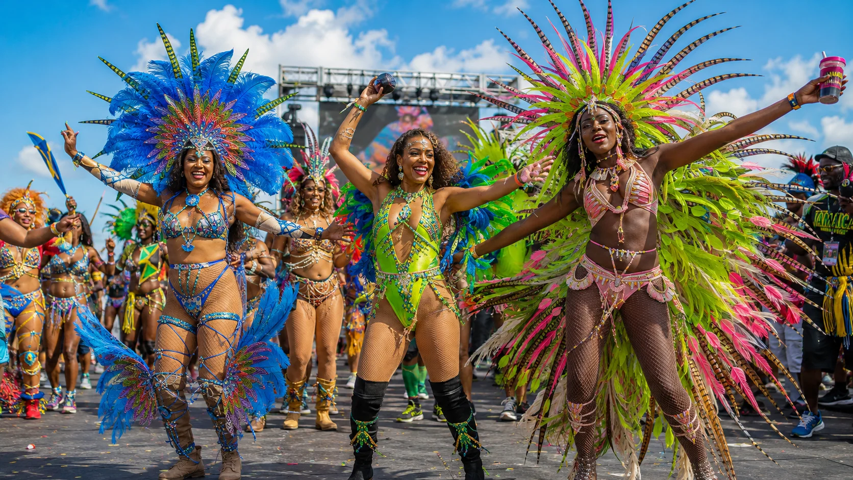 Three masqueraders in blue, green, and pink feather costumes dancing with arms raised at Jamaica Carnival in Kingston