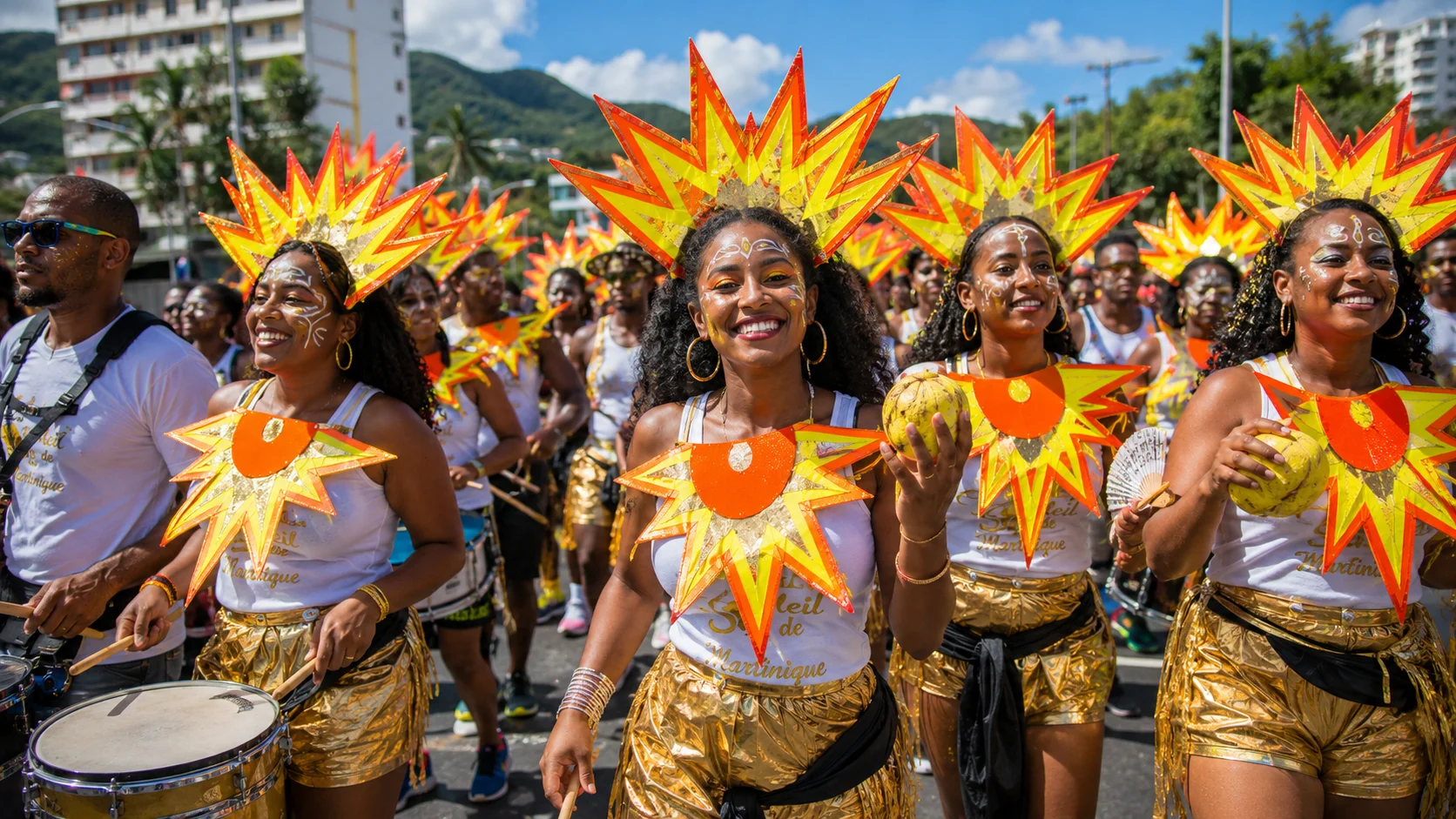 Masqueraders from the Soleil de Martinique group in sun headdresses and gold shorts on the road at Martinique Carnival