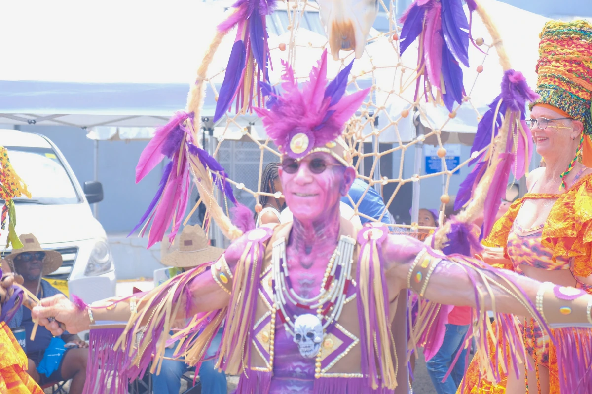 Masquerader in purple and gold fringed mas with a feathered hoop backpiece and full body paint, arms outstretched on the road at St. Maarten Carnival.