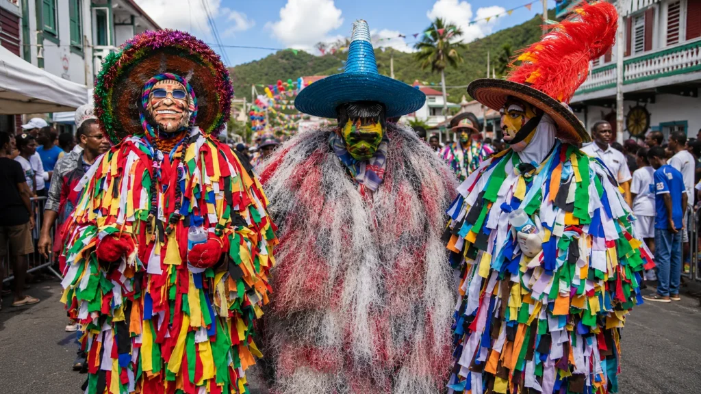 Three masqueraders in layered fabric-strip costumes, painted masks, and decorated hats during the traditional costume parade at Mas Domnik in Roseau