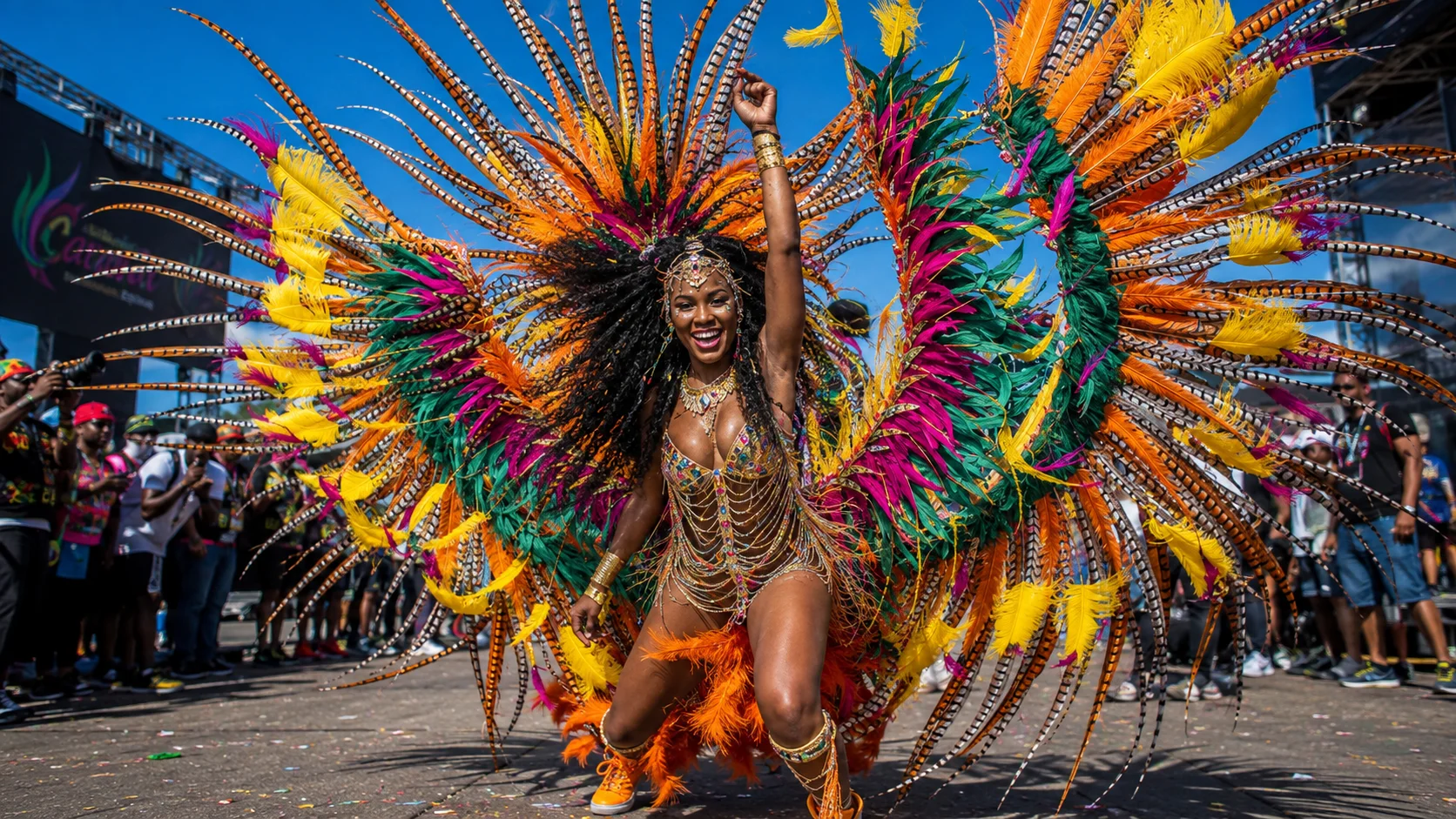 Masquerader in an orange, yellow, and green feather costume with a gem bodysuit celebrating on the road at Trinidad Carnival