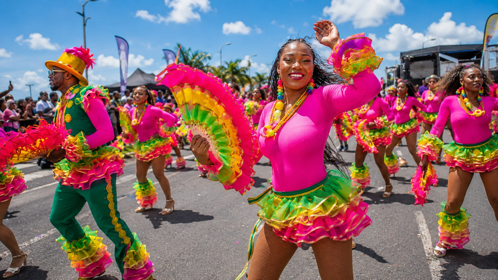 Dancers in vibrant pink, green, and yellow costumes performing during the Lucian Carnival street parade under bright Caribbean sunshine.
