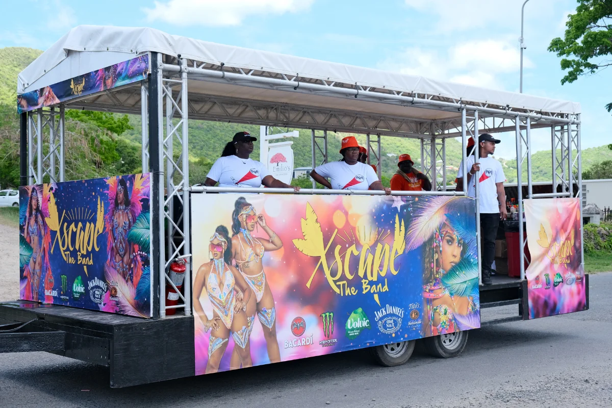 Xcape the Band music truck preparing for the Sint Maarten Carnival parade with sponsors and crew on board.