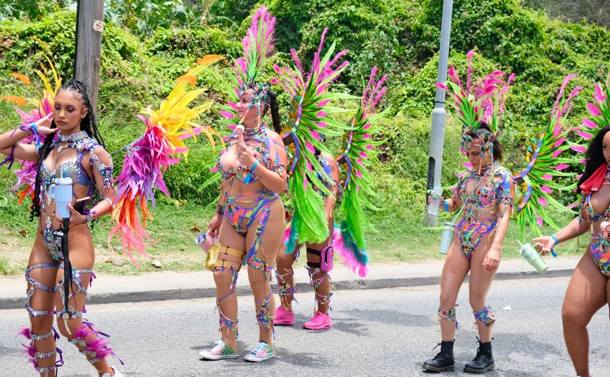 Masqueraders in elaborate pink, green, and purple feathered costumes parade down the road during Sint Maarten Carnival