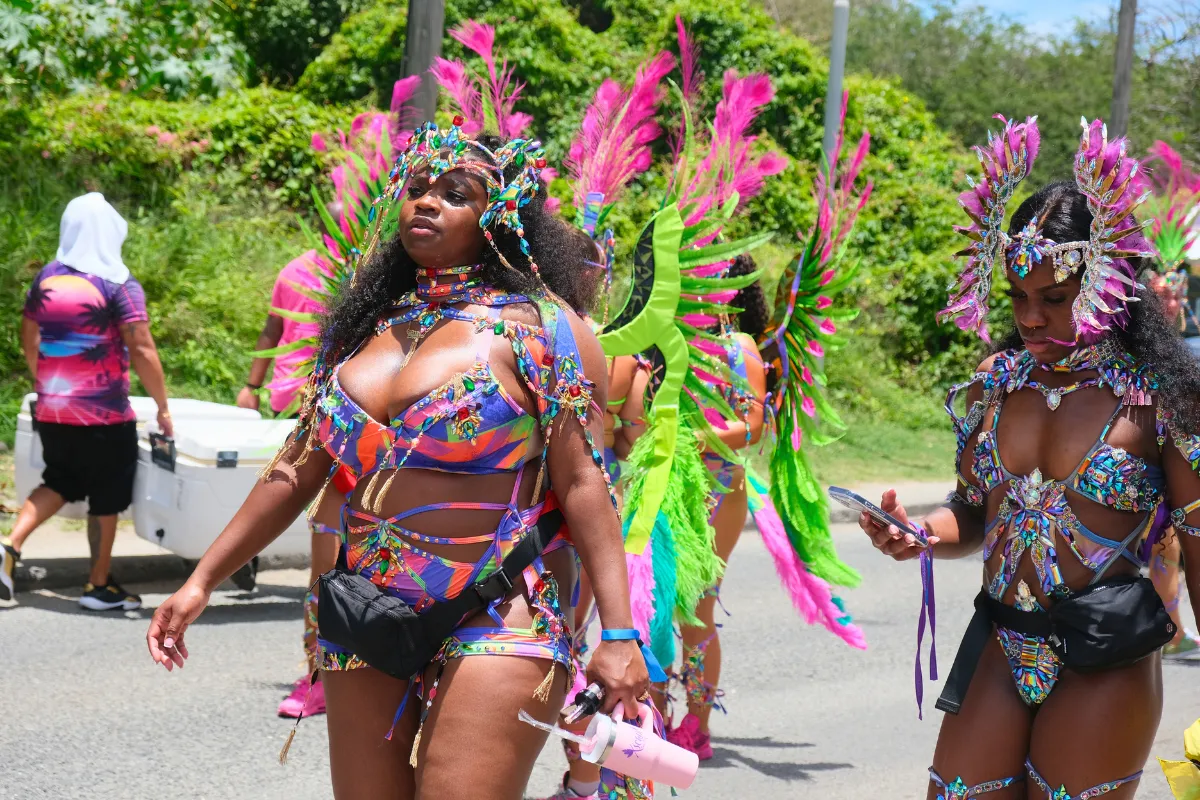 Two masqueraders in matching backline costumes with small headpieces walking with their section at St. Maarten Carnival