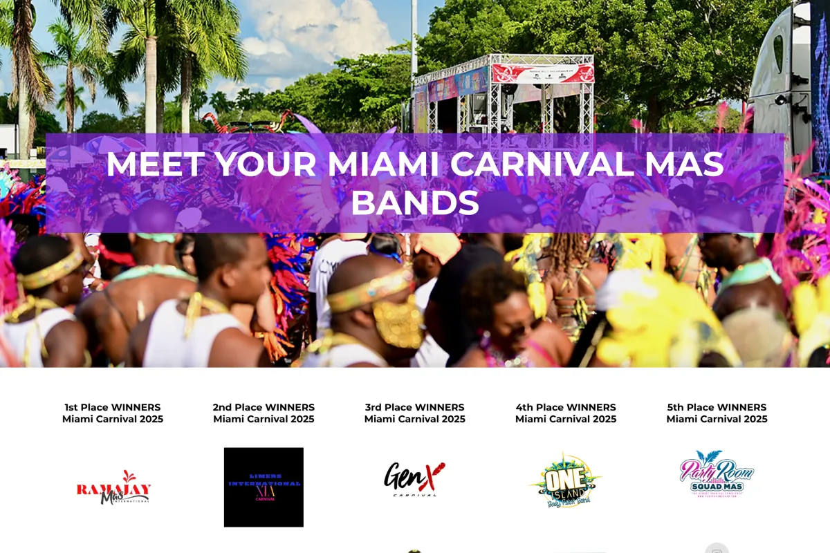 Miami Carnival website page introducing the event's mas bands with the top five placing bands from 2025
