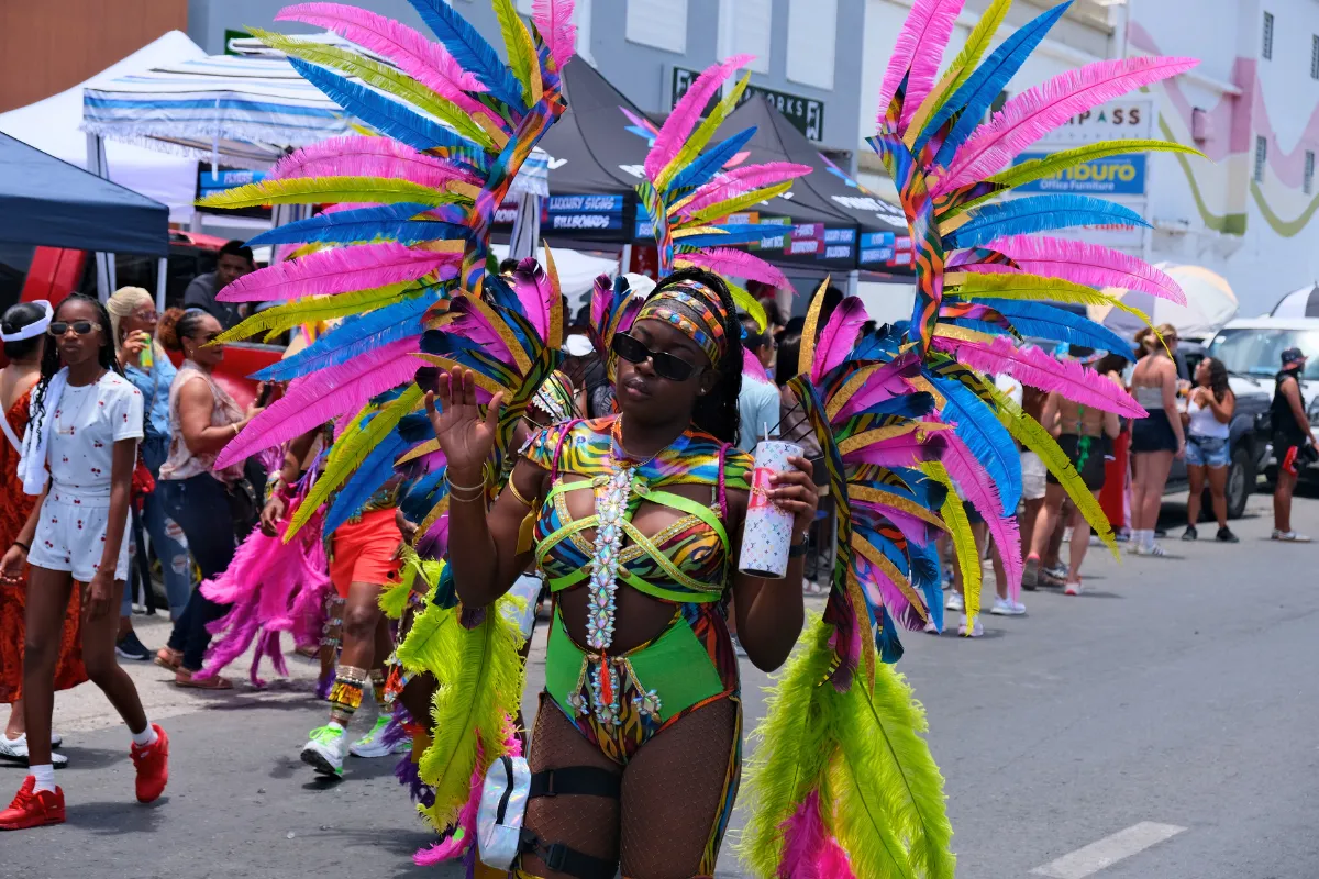 Masquerader in a pink, blue and green feathered costume with a drinks tumbler on Carnival day