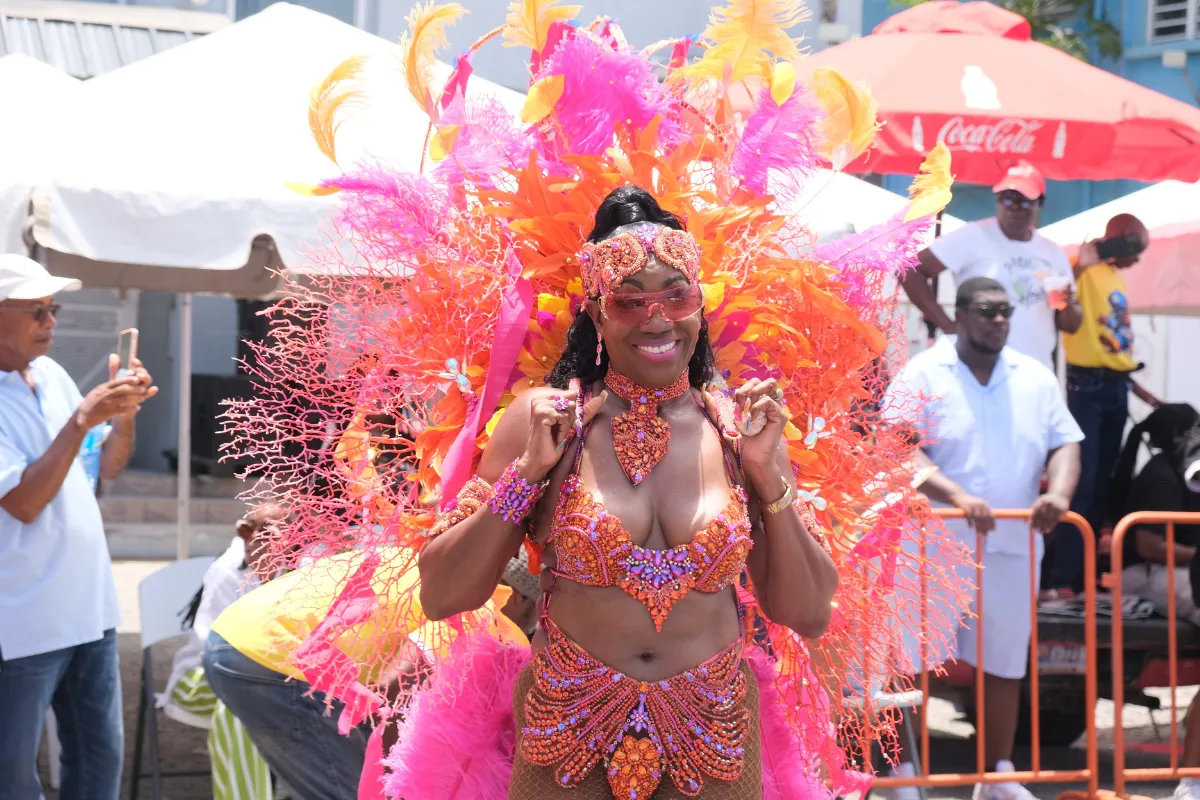 Masquerader wearing an elaborate pink and orange feathered costume during the SXM Carnival parade