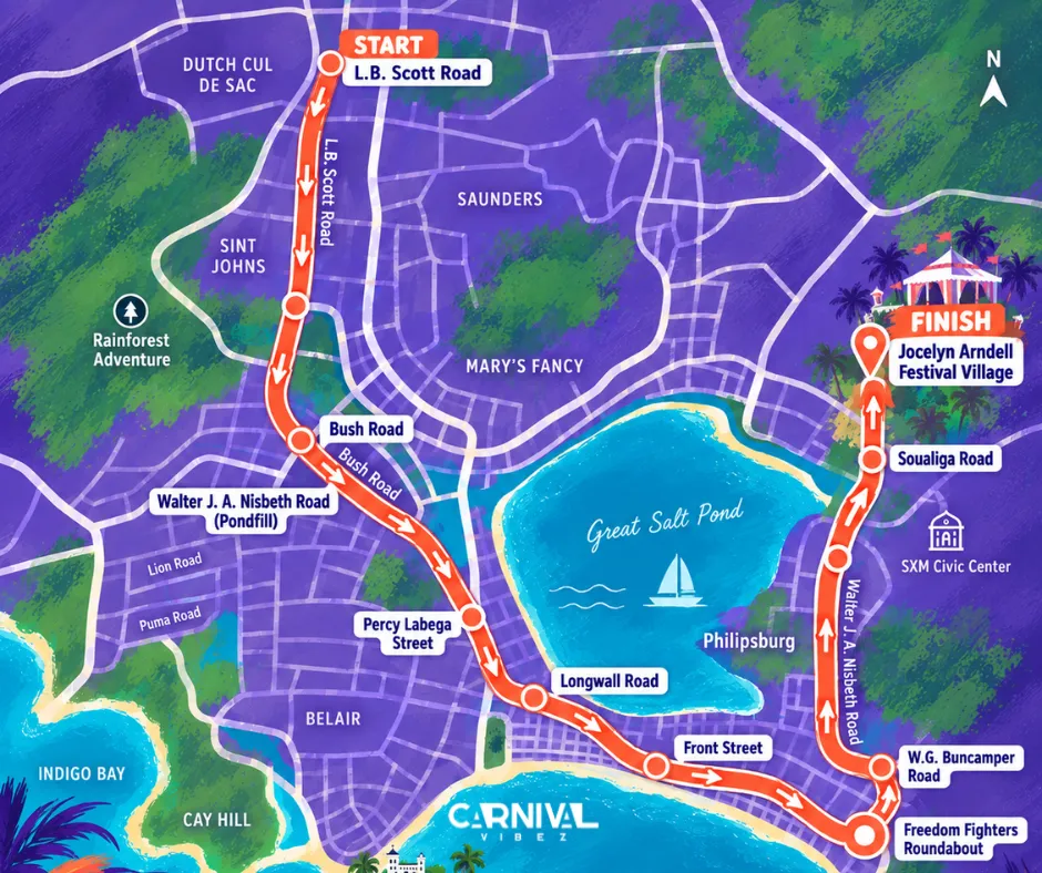 SXM Carnival Grand Parade route map showing the parade route through Philipsburg to the Jocelyn Arndell Festival Village