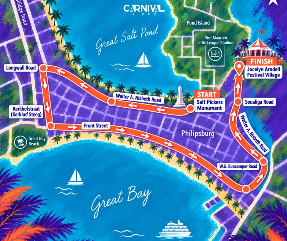 SXM Carnival Labor Day Parade route map from the Salt Pickers Monument through Philipsburg to the Jocelyn Arndell Festival Village