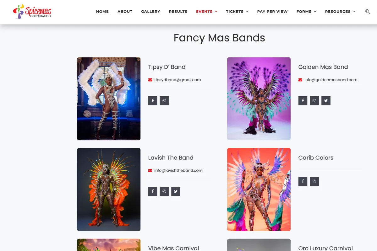 Spicemas Corporation website page listing registered fancy mas bands in Grenada with contact details for each band