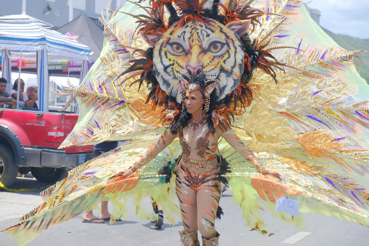 SXM Carnival masquerader wearing an elaborate tiger-inspired costume with feathers and oversized wings during the parade in Philipsburg