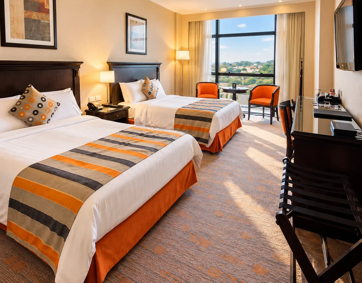 Twin-bed guest room at Carnaval Hotel Casino with orange furnishings and a large picture window
