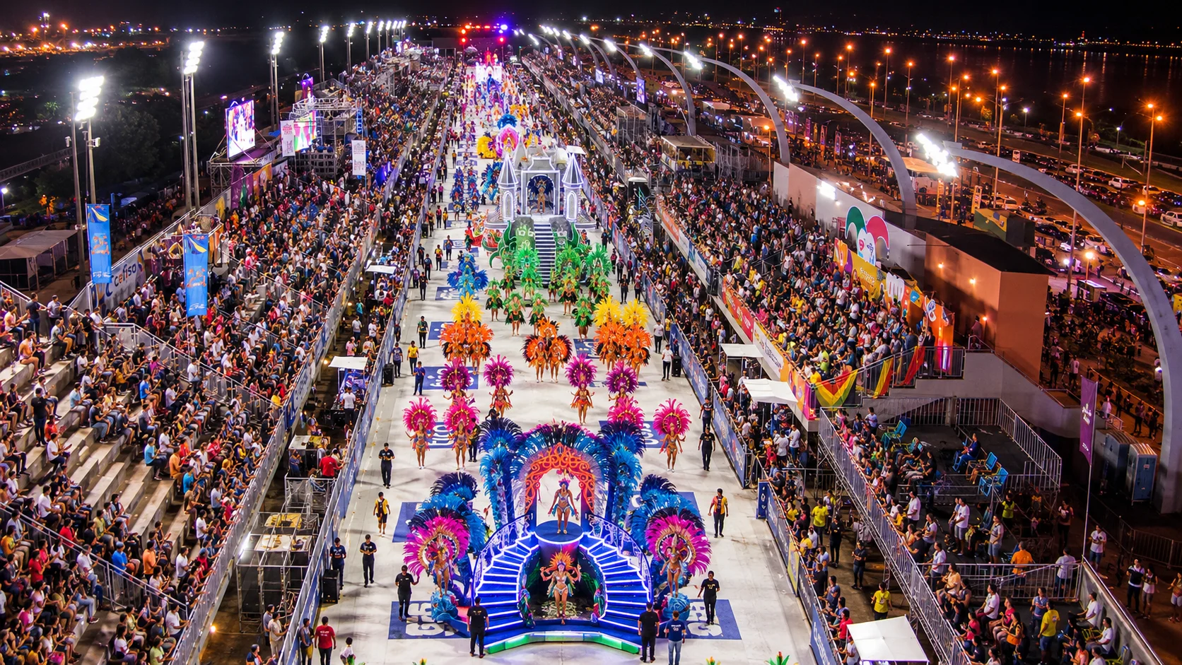 Comparsas in feathered costumes parading past packed grandstands at the Sambódromo, the venue that shapes where to stay for Encarnación Carnival