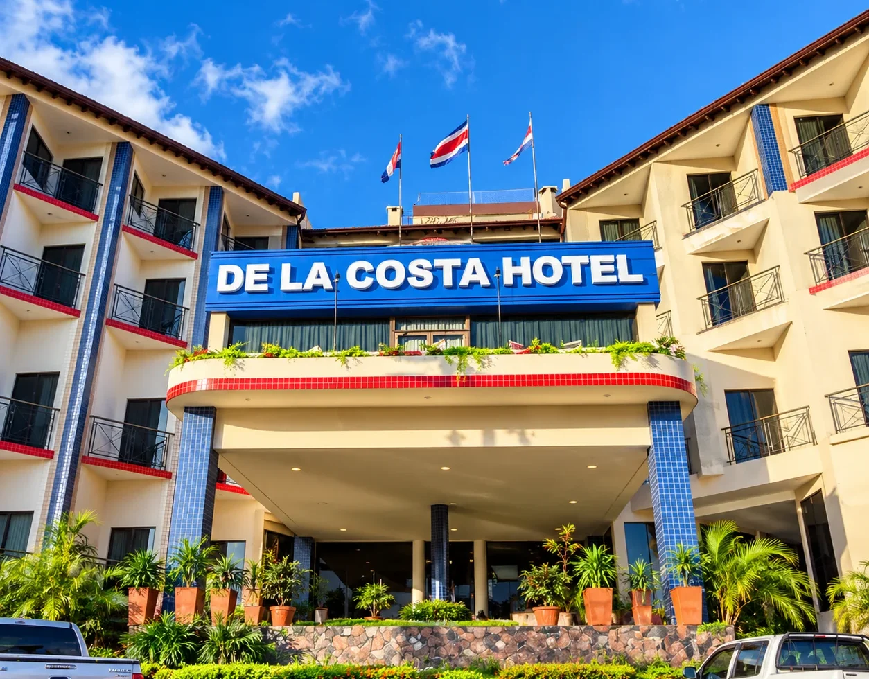 Entrance and blue signage of De La Costa Hotel in Encarnación under a clear sky