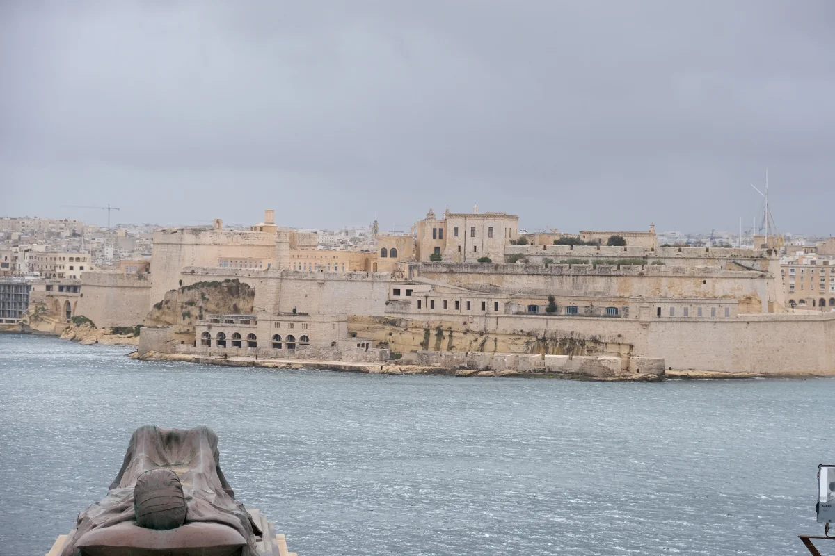 Gray February sky over Malta’s Grand Harbour and the fortified waterfront across from Valletta