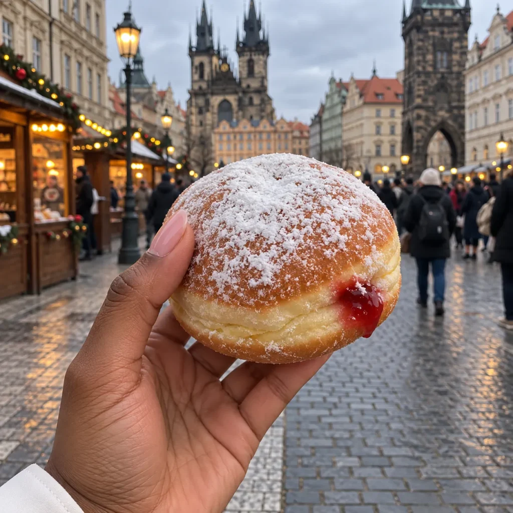 Hand holding a powdered sugar doughnut filled with red jam at a winter market in Prague with the Old Town Square and Church of Our Lady before Týn in the background