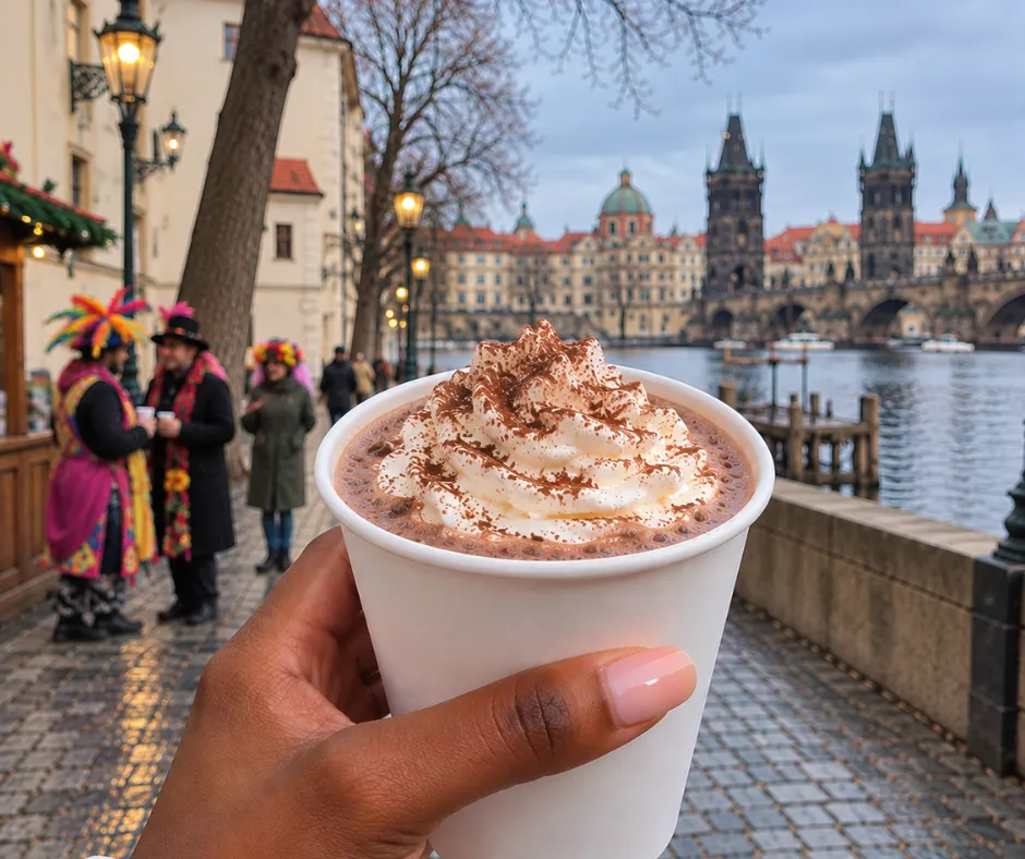 Hand holding a cup of hot chocolate topped with whipped cream and chocolate powder near Charles Bridge in Prague during Masopust