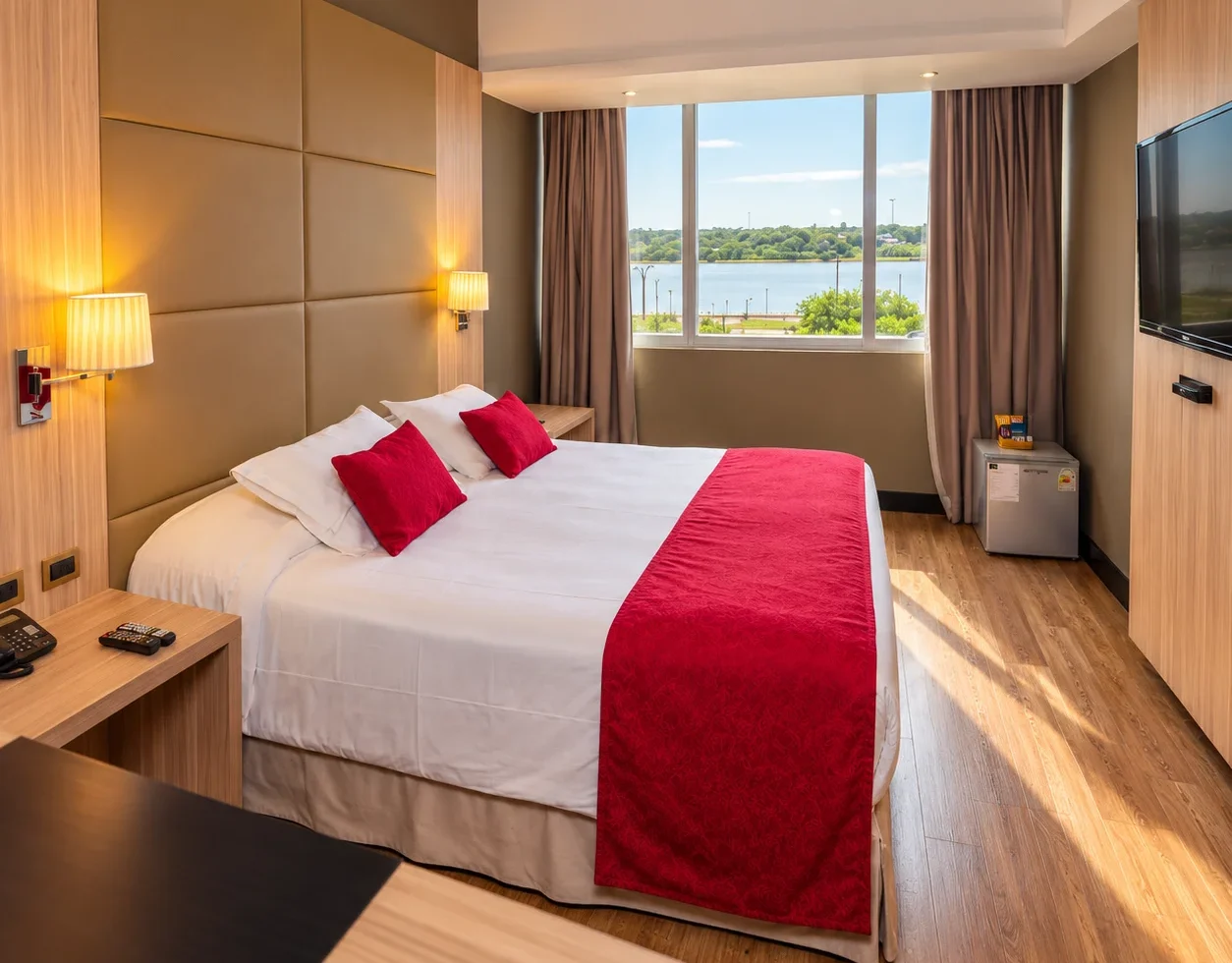 Savoy Hotel guest room with a double bed red accent cushions warm wood furnishings and a large window overlooking the river