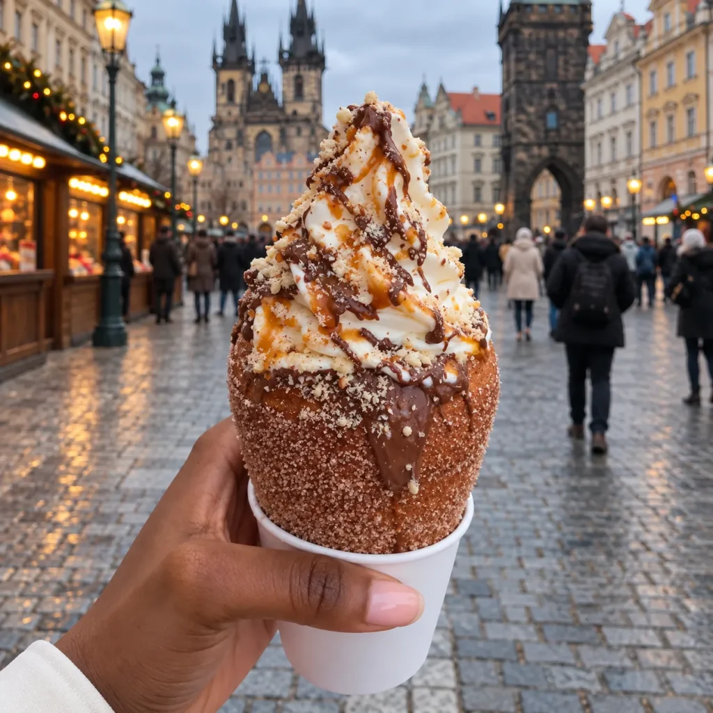 Hand holding a cinnamon sugar trdelník filled with whipped cream and topped with chocolate sauce and crushed nuts at a winter market in Prague Old Town Square