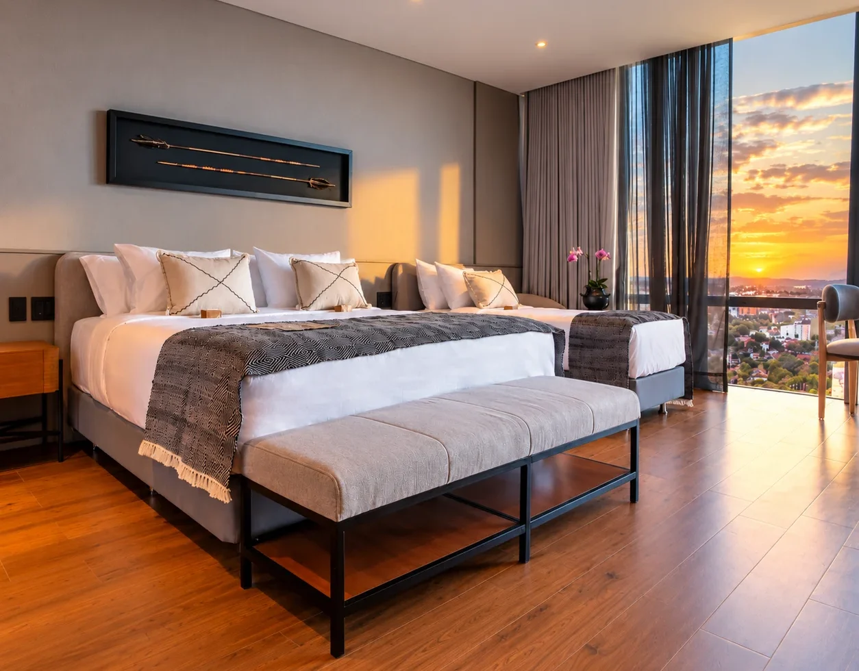 Modern guest room at Alula with two beds, wood floors, and floor-to-ceiling windows framing a sunset over the city