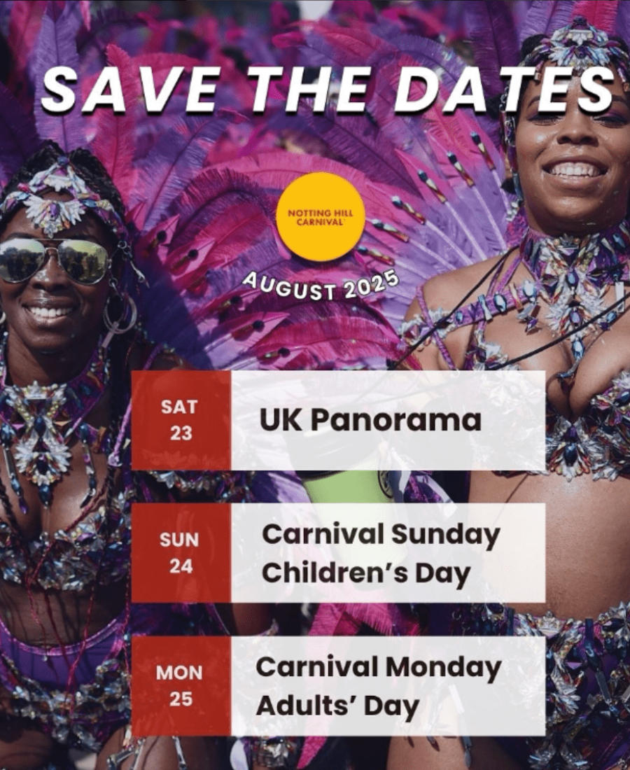 2025 event schedule for Notting Hill Carnival in London, featuring parade dates, J’Ouvert, live music, Caribbean food, and cultural celebrations at Europe’s largest street festival.