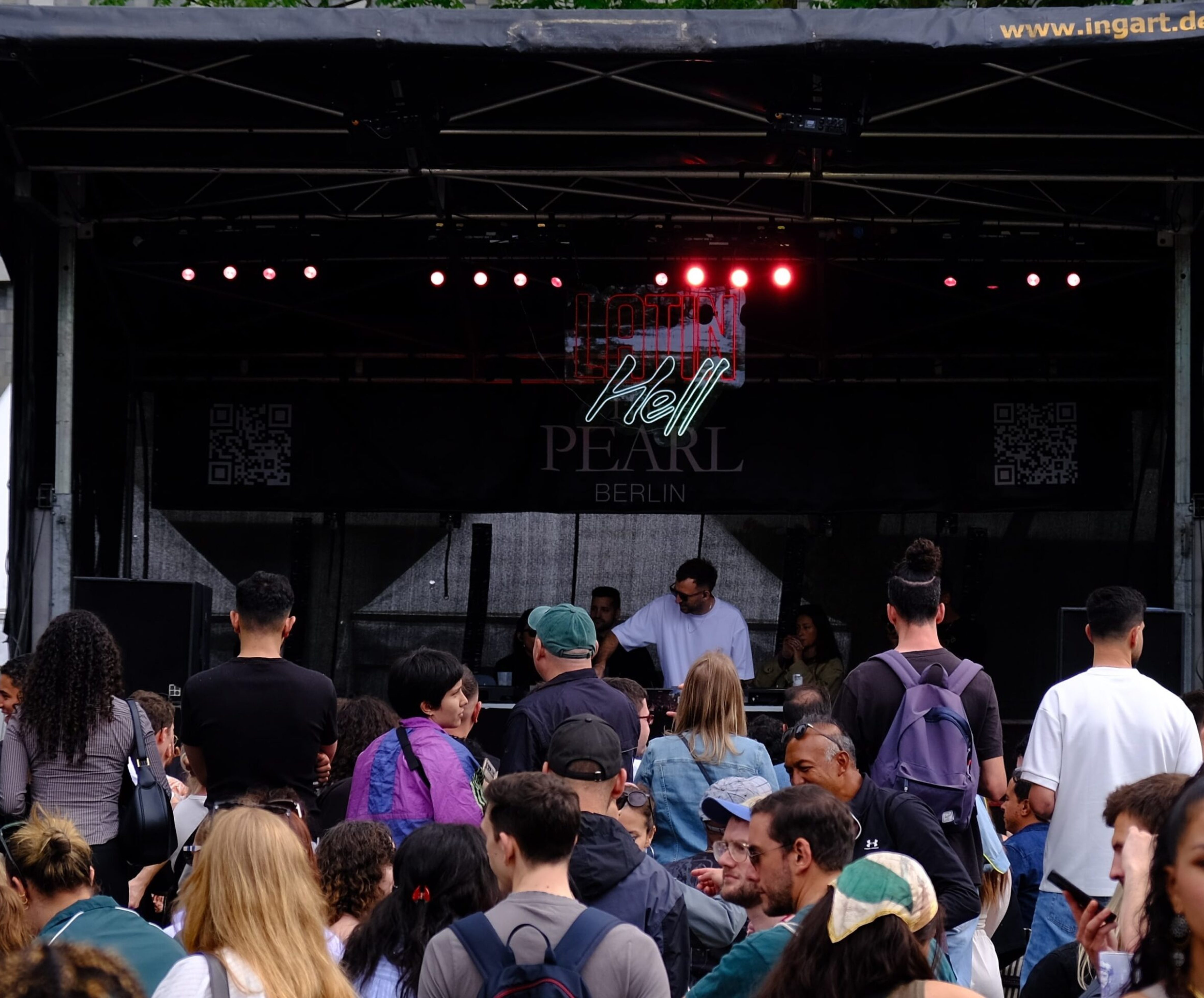 The “Latin Hell” booth at the festival leading up to Berlin Karneval der Kulturen 2025, showcasing Latin music, culture, and community vibes.
